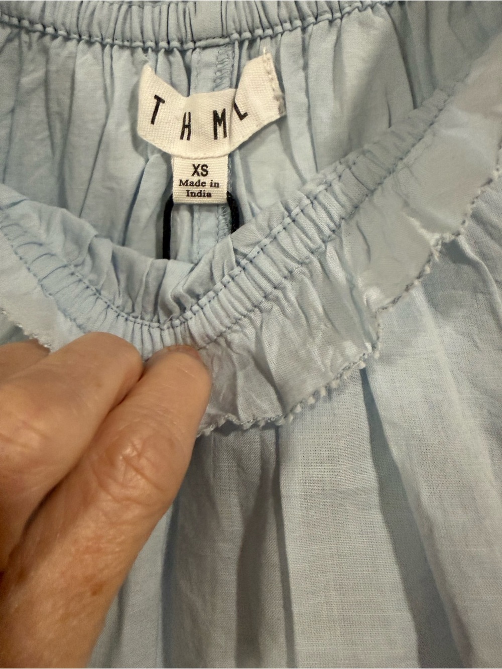 Chambray Blouse Embroidered Puff Sleeve Boho Top Ruffle Neck - Picture 3 of 4